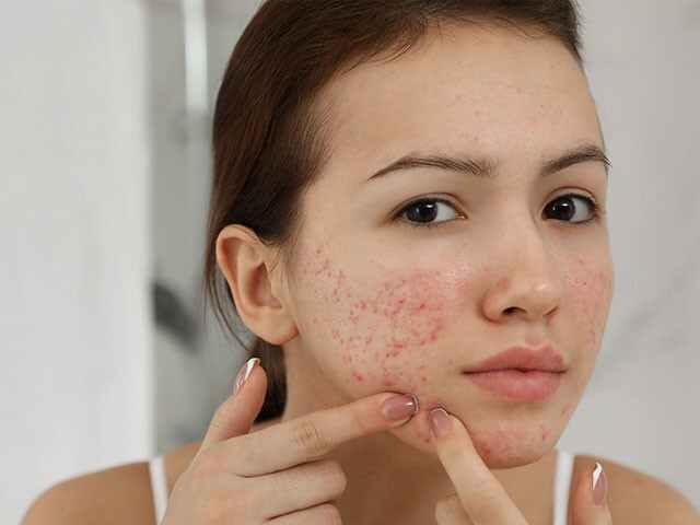 Woman observing her acne and scars on her face
